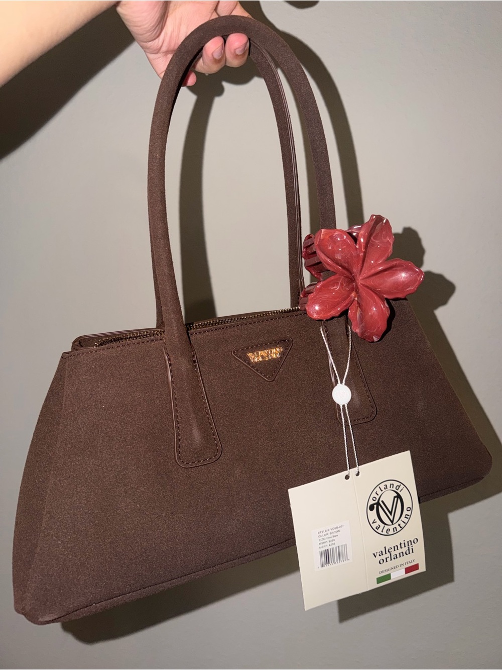 Valentino Orlandi Brown Shoulder Bag with Red Flower Charm